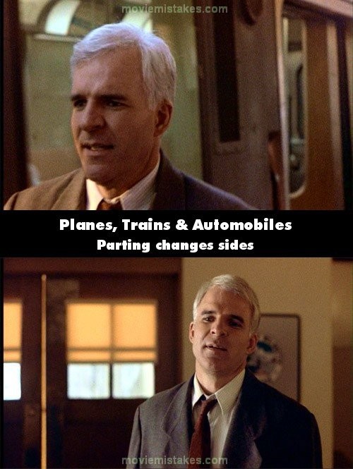 Phim Planes, trains and Automobiles, mái tóc của Steve Martin được rẽ ngược lại so với lúc bình thường ở cảnh anh xuống tàu để tìmJohn Candy